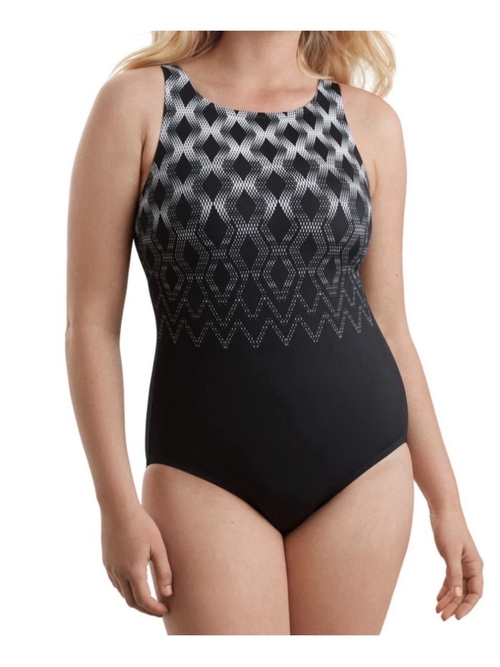 Shape Solvers Sport Women’s Black Patterned High-Neck One-Piece Swimsuit NEW 18